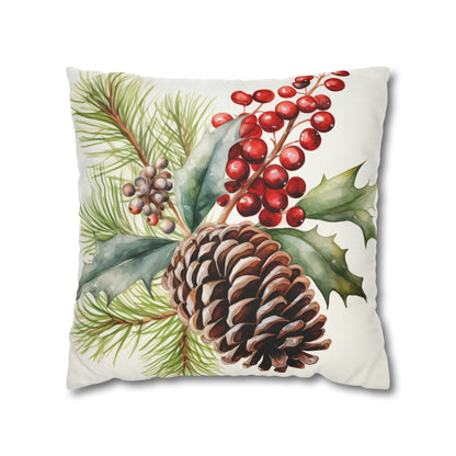 Holiday Pine Cone Pillow Cover, Red Berries Botanical Christmas Xmas Watercolor Square Throw Decorative Cover Cushion 20 x 20 Zipper Sofa