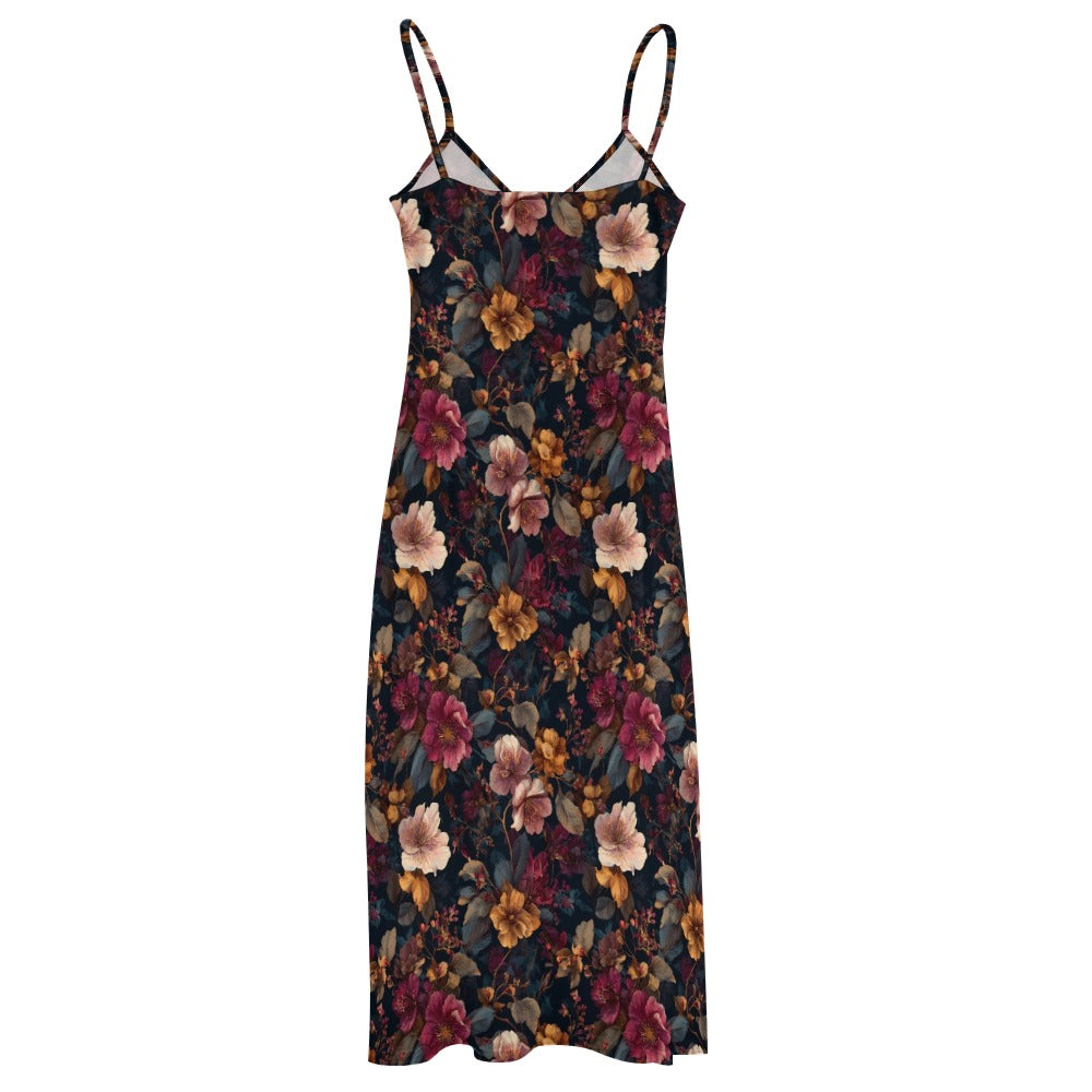 Pink Bordeaux Floral Maxi Dress, Flowers Fall Long Spaghetti Straps Flowy Women Sleeveless Casual Cute Designer Plus Size Cocktail Party Summer