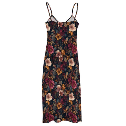Pink Bordeaux Floral Maxi Dress, Flowers Fall Long Spaghetti Straps Flowy Women Sleeveless Casual Cute Designer Plus Size Cocktail Party Summer