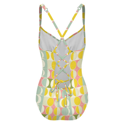 Mid Century Modern One Piece Swimsuit Women, Geometric Retro Vintage Cute Designer Swim Swimming Sexy Bathing Suits Body Ladies Swimwear