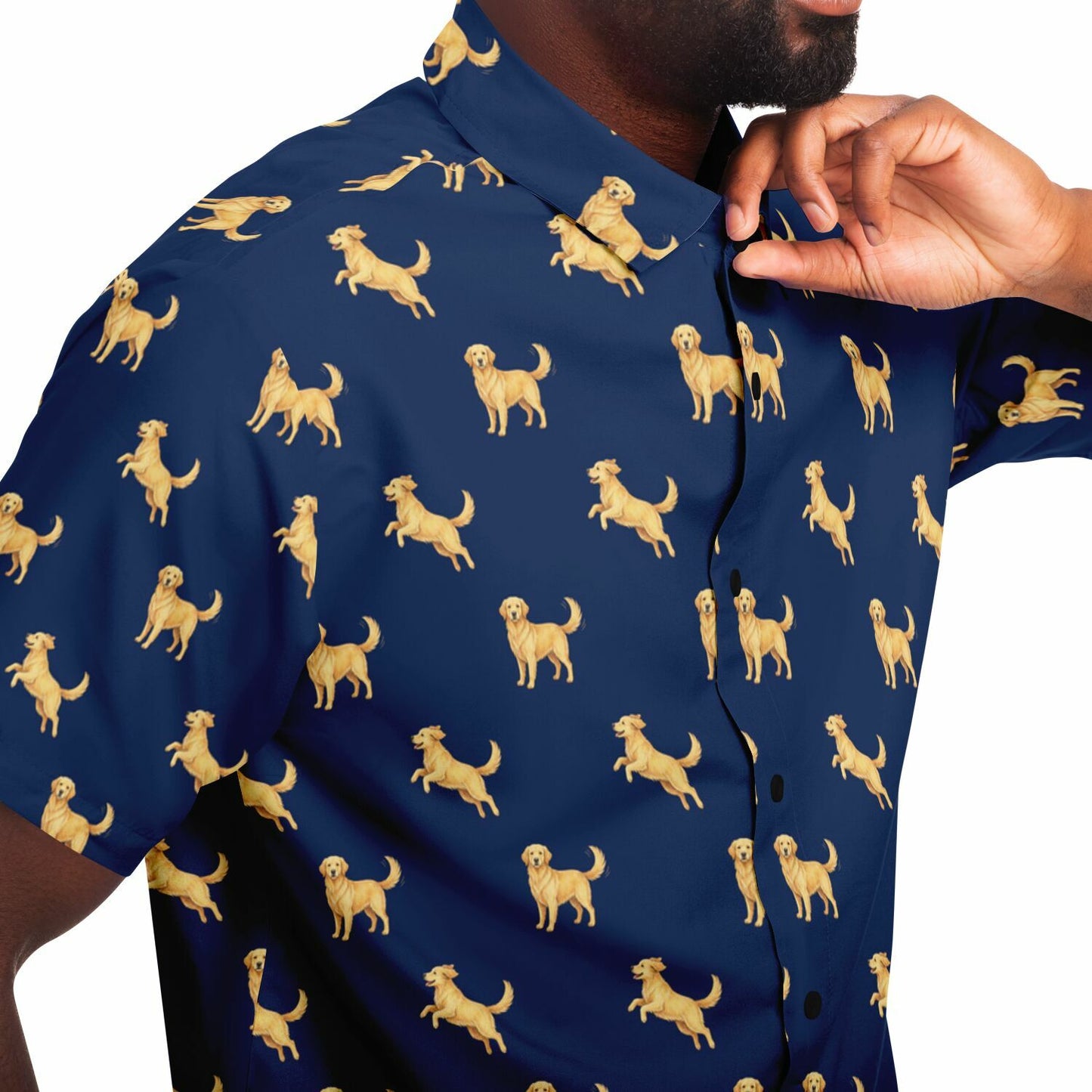 Golden Retriever Men Button Up Shirt, Dog Animal Navy Short Sleeve Print Casual Buttoned Down Summer Male Guys Collared Designer Dress