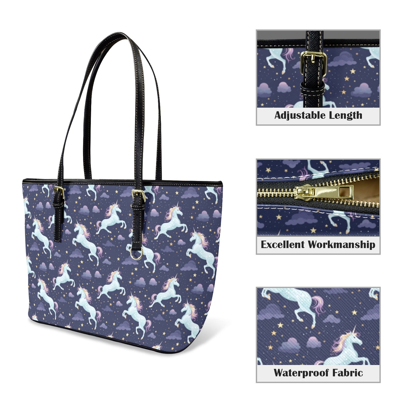 Unicorn Tote Bag Purse, Space Stars Purple Art Women Vegan Leather Handbag  Zip on Top Designer Handmade Shoulder Ladies Bag