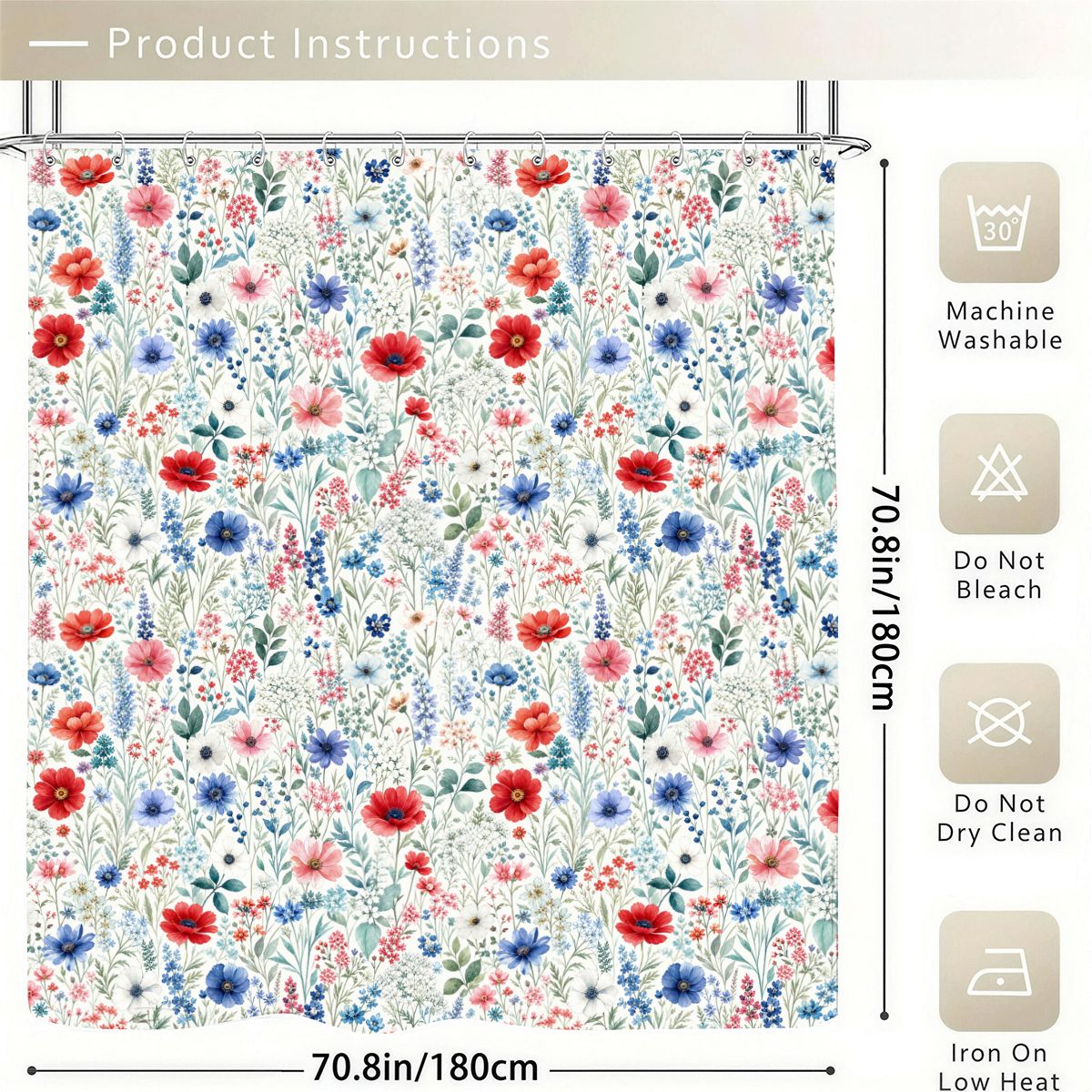 Red Blue Floral Shower Curtain with Hooks Rings, Nature Flowers White Fabric Waterproof Unique Bath Bathroom Decor Housewarming Home Gift