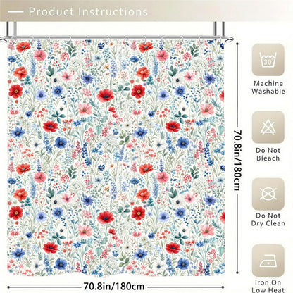 Red Blue Floral Shower Curtain with Hooks Rings, Nature Flowers White Fabric Waterproof Unique Bath Bathroom Decor Housewarming Home Gift