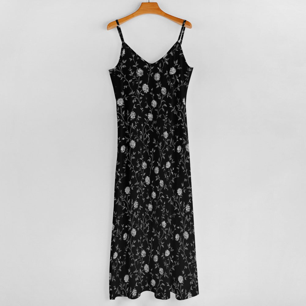 Black Floral Maxi Dress, White Flowers Long Spaghetti Straps Flowy Women Sleeveless Casual Cute Designer Elegant Plus Size Cocktail Party