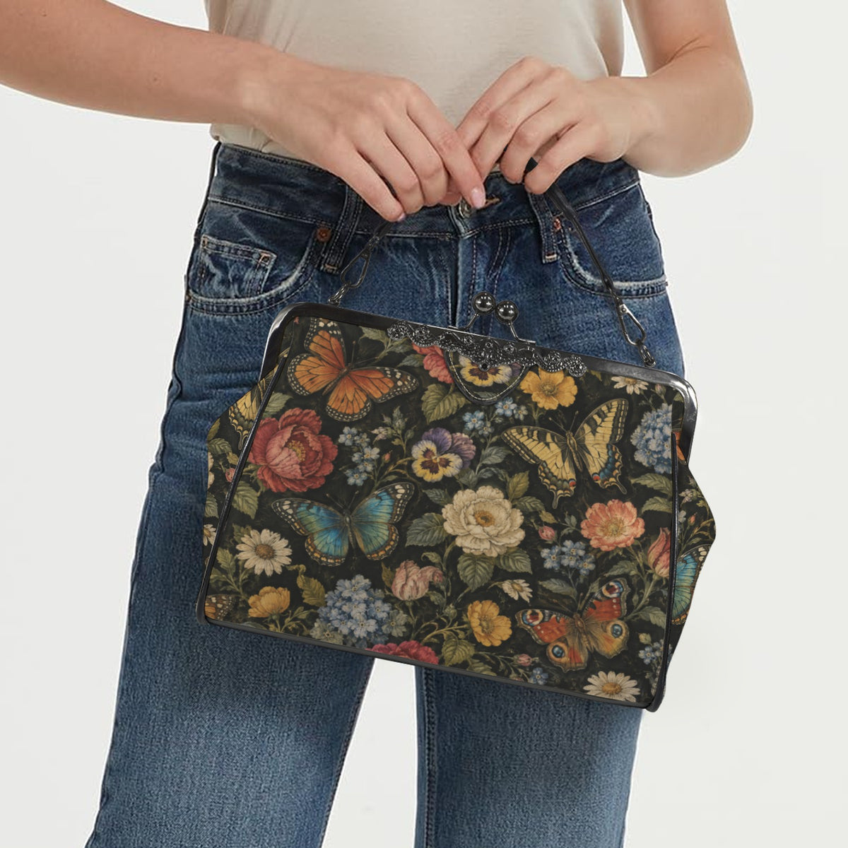 Monarch Butterfly Flowers Kiss Lock Purse Handbag, Floral Retro Print Vegan Leather Vintage Designer Shoulder Crossbody Top Handle Clasp Bag