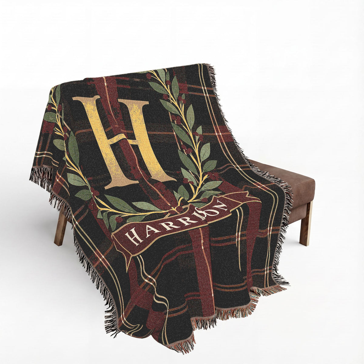 Custom Family Name Woven Throw Blanket Tapestry, Plaid Holiday Christmas Personalized Cotton Fringe Adult Kids Small Large Bed 50x60 Hanging