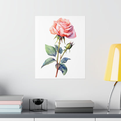 Pink Rose Poster Print, Watercolor Floral Flower Picture Wall Image Art Vertical Paper Artwork Small Large Cool Room Office Decor
