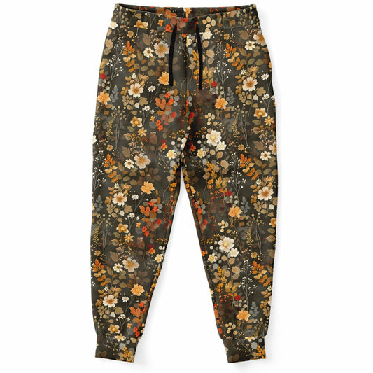 Brown Floral Joggers Sweatpants with Pockets, Flowers Fall Print Women Men Female Ladies Fleece Comfy Sweats Pants Loungewear Bottoms