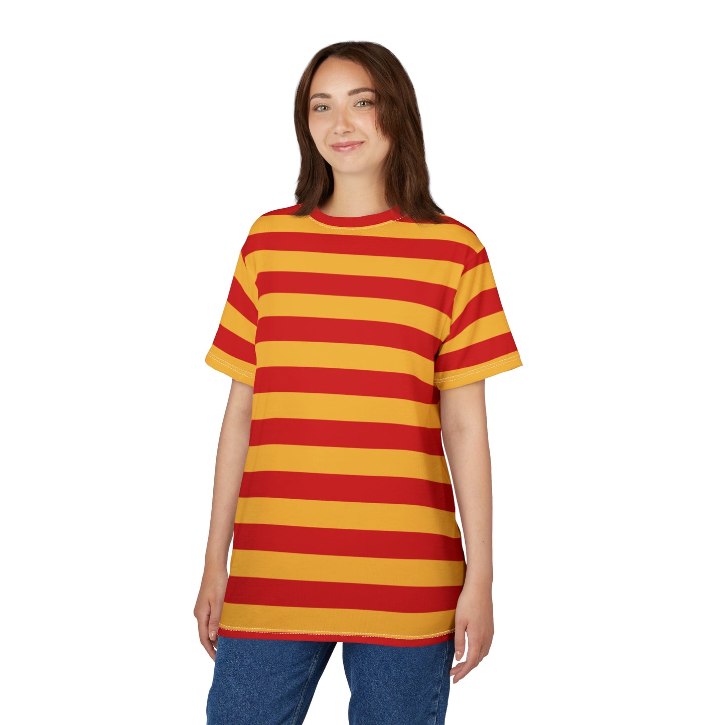Red and Yellow Striped Tshirt, Stripe Designer Aesthetic Lightweight Heavyweight Crewneck Men Women Tee Top Short Sleeve Shirt - Starcove Fashion