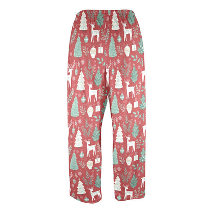 Red Christmas Men Pajamas Pants, Reindeer Green Festive Holidays Decoration Xmas PJ Pockets Sleep Trousers Couples Matching Trouser Bottoms