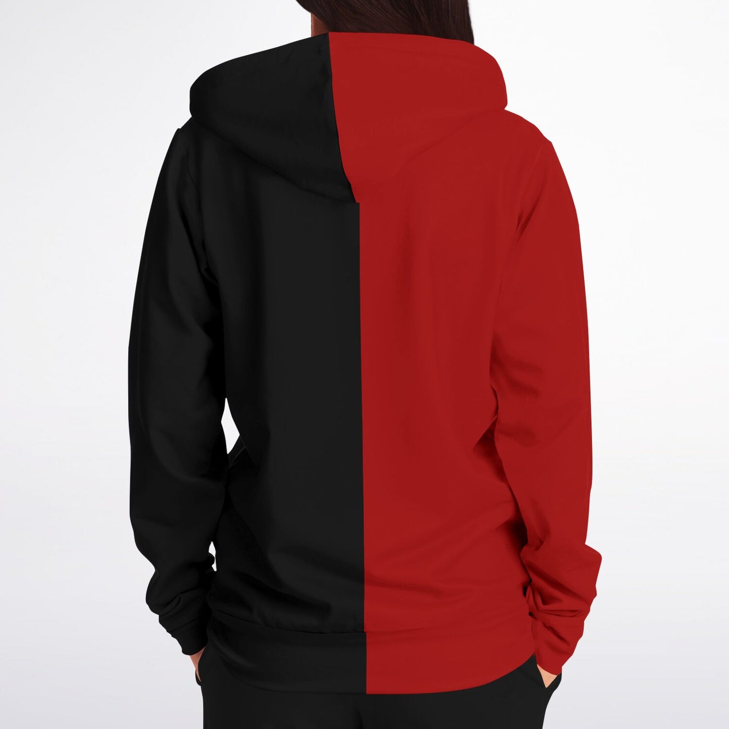 Half Black Half Red Zip Up Hoodie, Two Tone Color Split Full Zipper Pocket Men Women Unisex Adult Graphic Cotton Fleece Hooded Sweatshirt
