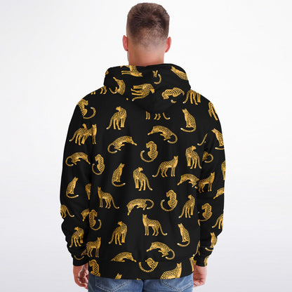Leopard Zip Up Fleece Lined Hoodie, Animal Cheetah Print Heavyweight Full Zipper Pocket Men Women Unisex Graphic Hooded Sweatshirt Jacket