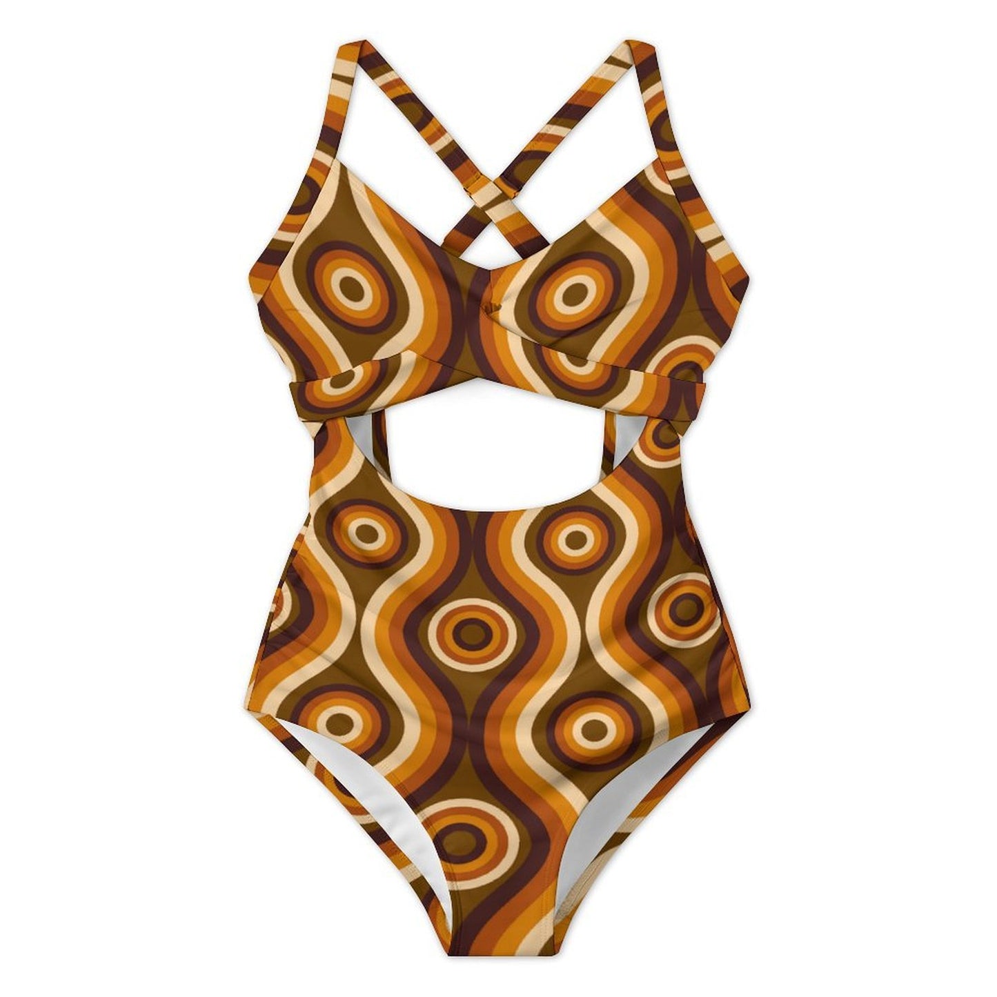 70s Wavy One Piece Swimsuit Women, Retro Vintage Brown Party Cut Out Tummy Control Designer Swim 1 Swimming Bathing Suits Ladies Swimwear