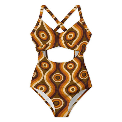 70s Wavy One Piece Swimsuit Women, Retro Vintage Brown Party Cut Out Tummy Control Designer Swim 1 Swimming Bathing Suits Ladies Swimwear