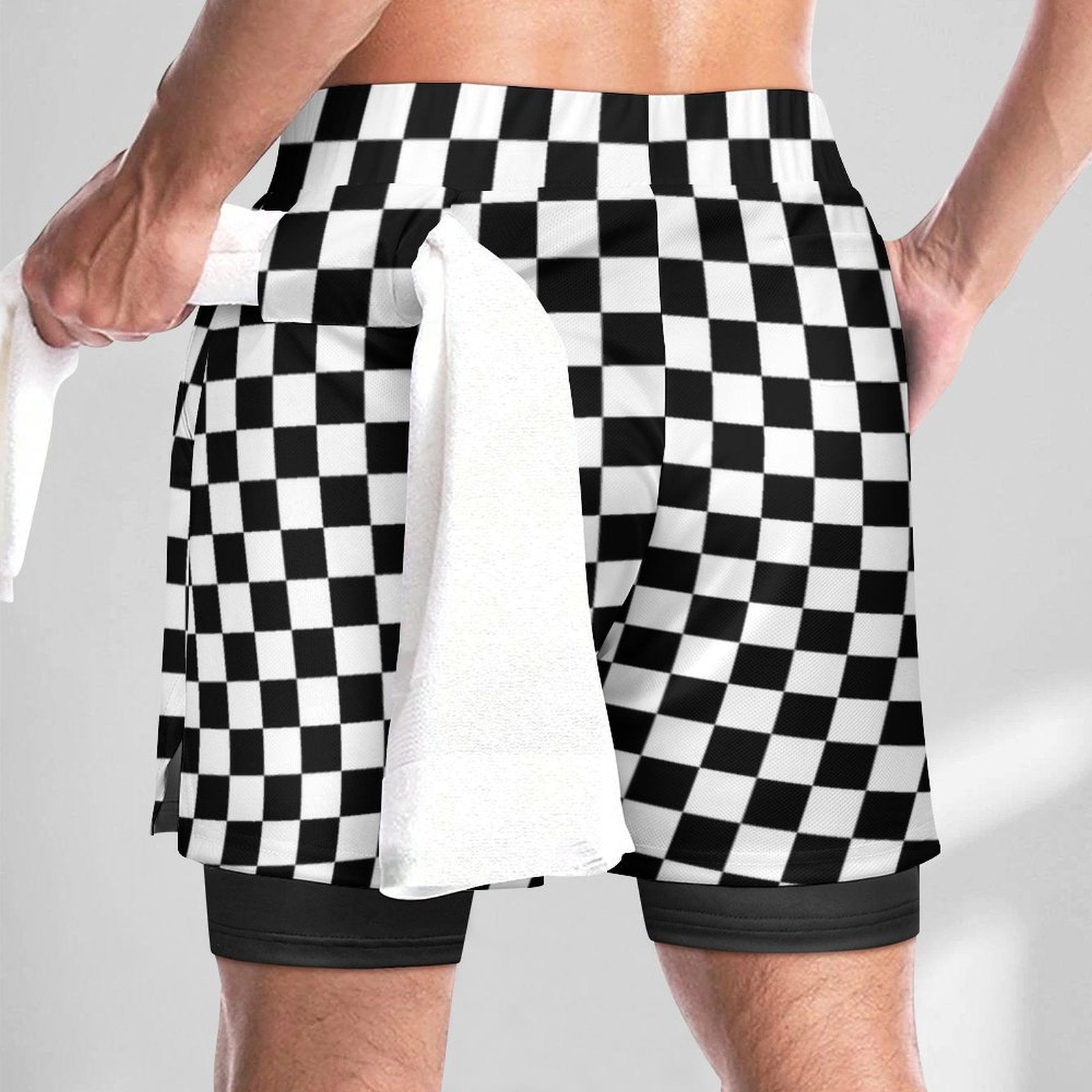 Checkered Men 2 in 1 Lined Shorts, Black White Check Compression Liner Running Gym Workout Graphic Athletic Sports Mesh Pockets Drawstring - Starcove Fashion