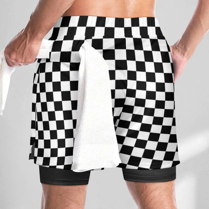 Checkered Men 2 in 1 Lined Shorts, Black White Check Compression Liner Running Gym Workout Graphic Athletic Sports Mesh Pockets Drawstring - Starcove Fashion
