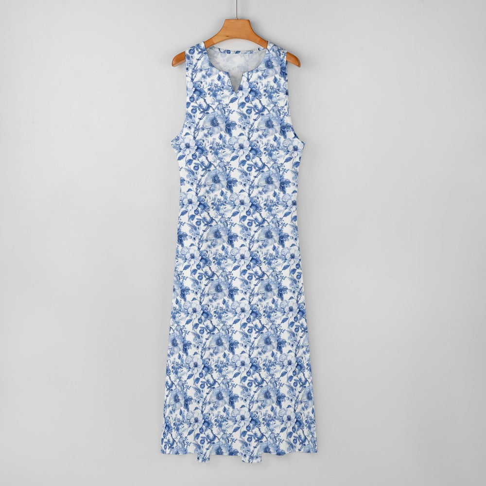 Blue White Floral Maxi Sleeveless Dress, Flowers Party Handmade A Line Women Ladies Cocktail Pockets Long Plus Size - Starcove Fashion