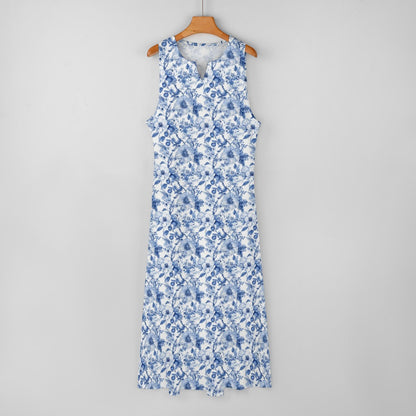 Blue White Floral Maxi Sleeveless Dress, Flowers Party Handmade A Line Women Ladies Cocktail Pockets Long Plus Size - Starcove Fashion
