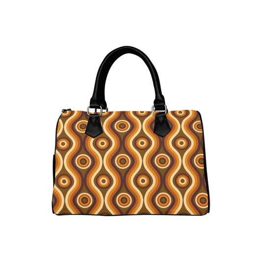 70s Retro Handbag, Vintage 1970s Brown Orange Geometric Print Canvas and Leather Top Handle Barrel Boston Designer Women Ladies Purse Bag - Starcove Fashion