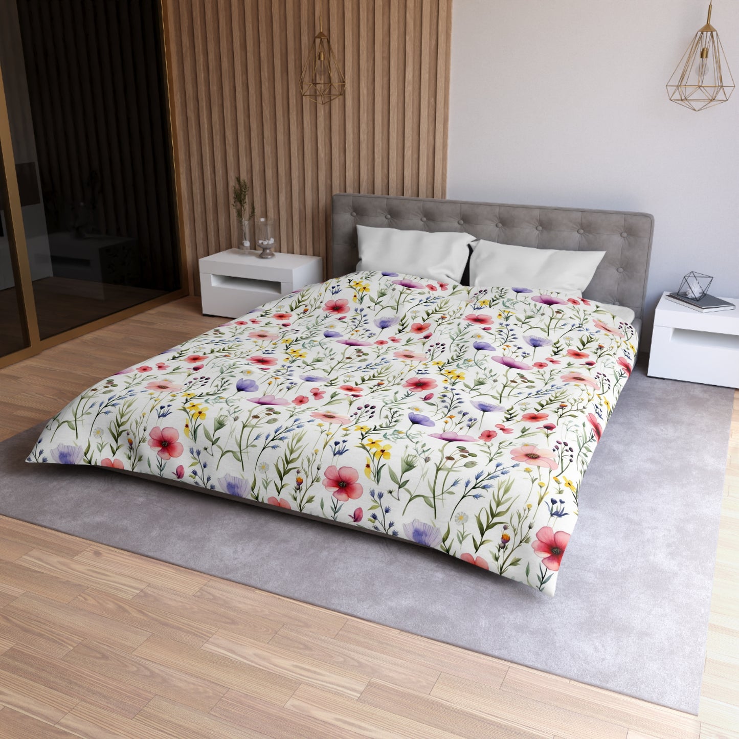 Wildflowers Duvet Cover, Floral Watercolor Bedding Queen King Full Twin XL Microfiber Unique Designer Bed Quilt Bedroom Decor