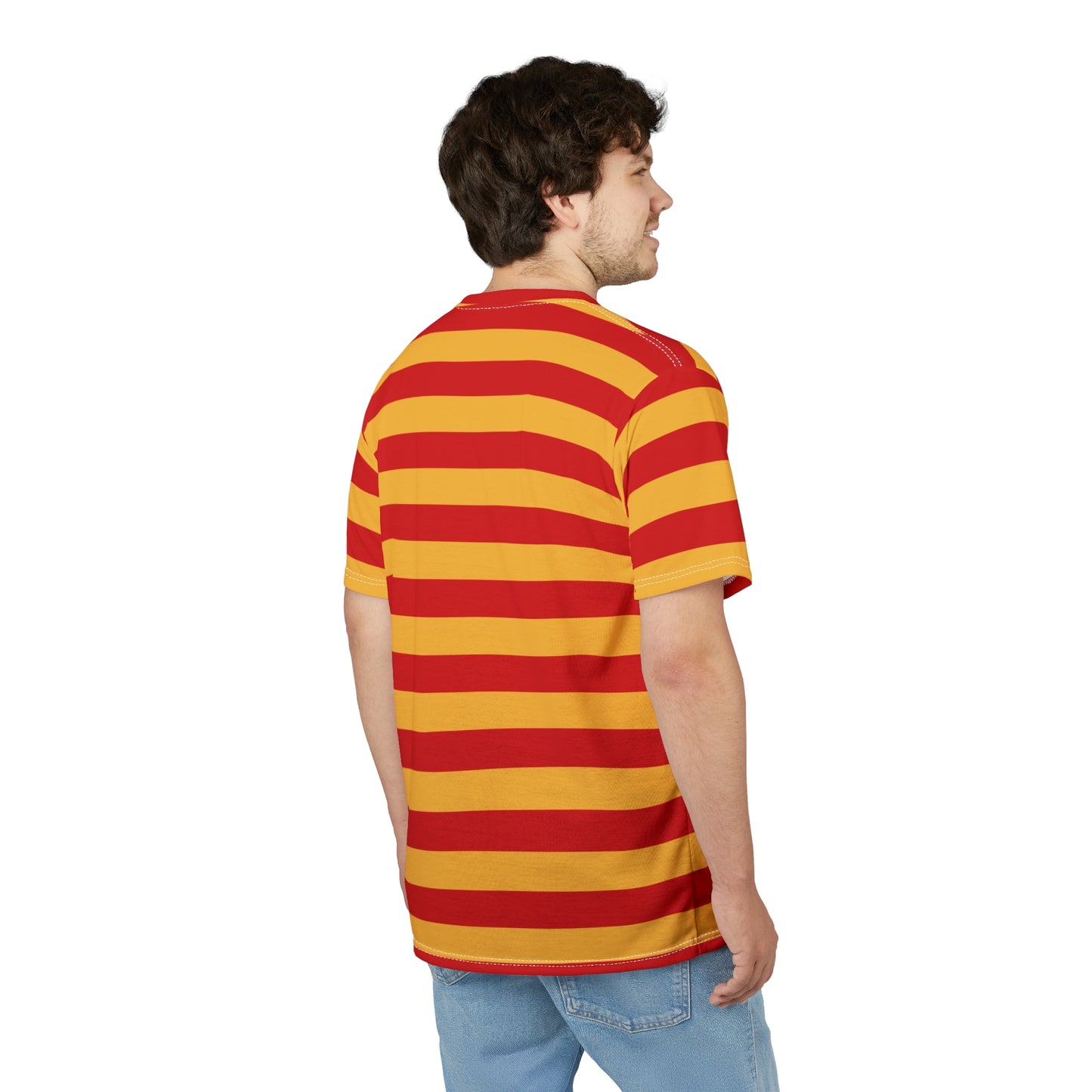 Red and Yellow Striped Tshirt, Stripe Designer Aesthetic Lightweight Heavyweight Crewneck Men Women Tee Top Short Sleeve Shirt - Starcove Fashion