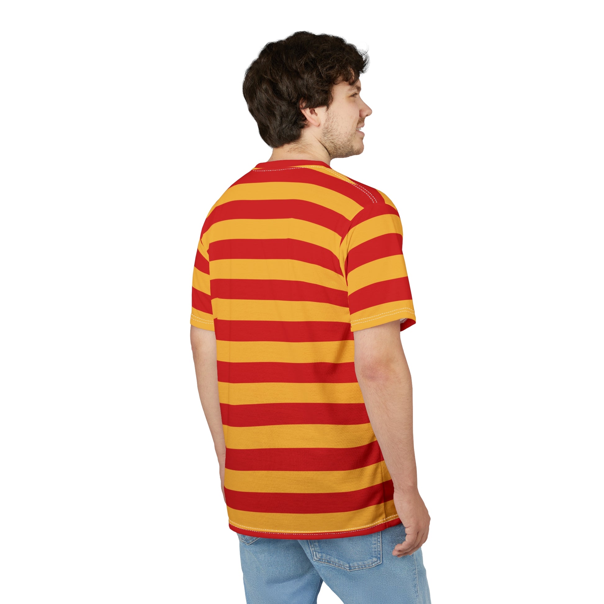 Red and Yellow Striped Tshirt, Stripe Designer Aesthetic Lightweight Heavyweight Crewneck Men Women Tee Top Short Sleeve Shirt - Starcove Fashion