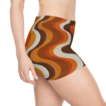 70s Wavy Striped Women Shorts, Brown Disco Retro Yoga Biker Sport Workout Gym Festival Running Moisture Wicking Ladies Spandex Bottoms