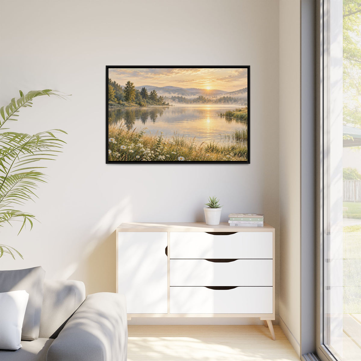 Misty Meadow Lake Wood Framed Canvas, Wildflower Farmhouse Wall Art Print Artwork Decor Small Large Hanging Matte Landscape Square Poster