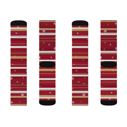 Candy Cane Stripe Socks, Snowflake Red White Christmas Crew Sublimation Women Men Designer Fun Novelty Cool Casual Cute Unique Dress