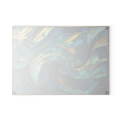 Coastal Stained Glass Cutting Board, Ocean Waves Teal Mosaic Printed Wood Charcuterie Cheese Chopping Tempered Small Large Kitchen