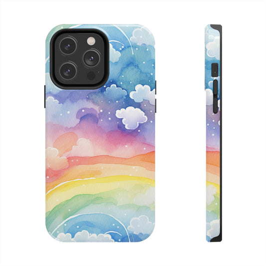 Rainbow Tough Phone Case, Watercolor Clouds iPhone 14 13 Pro Max 12 11 X XR XS SE 7 8 Plus Cell Cover Cool Aesthetic