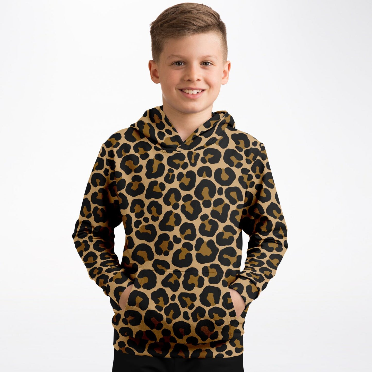 Leopard Kids Pullover Hoodie, Animal Cheetah Brown Print Girls Boy Toddler Youth Children Fleece Cozy Cotton Hooded Sweatshirt Pockets