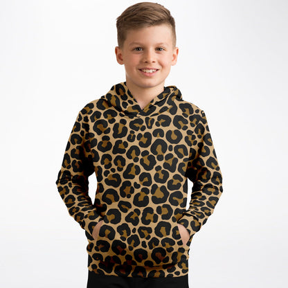 Leopard Kids Pullover Hoodie, Animal Cheetah Brown Print Girls Boy Toddler Youth Children Fleece Cozy Cotton Hooded Sweatshirt Pockets