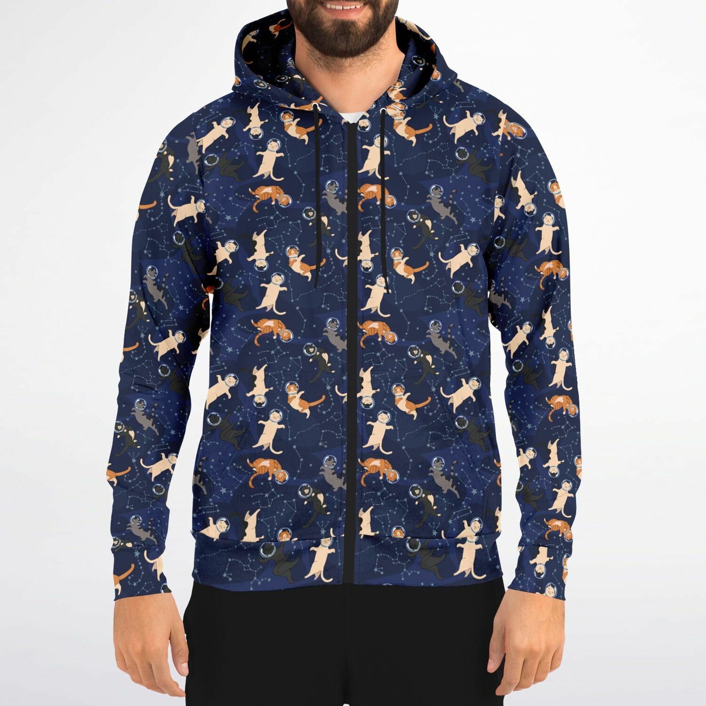 Cats in Space Zip Up Hoodie, Kittens Full Zipper Pocket Men Women Unisex Adult Aesthetic Graphic Cotton Fleece Hooded Sweatshirt - Starcove Fashion