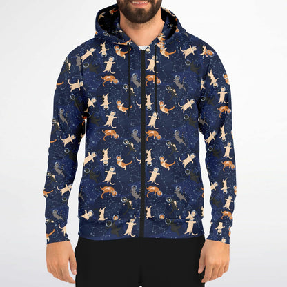 Cats in Space Zip Up Hoodie, Kittens Full Zipper Pocket Men Women Unisex Adult Aesthetic Graphic Cotton Fleece Hooded Sweatshirt - Starcove Fashion