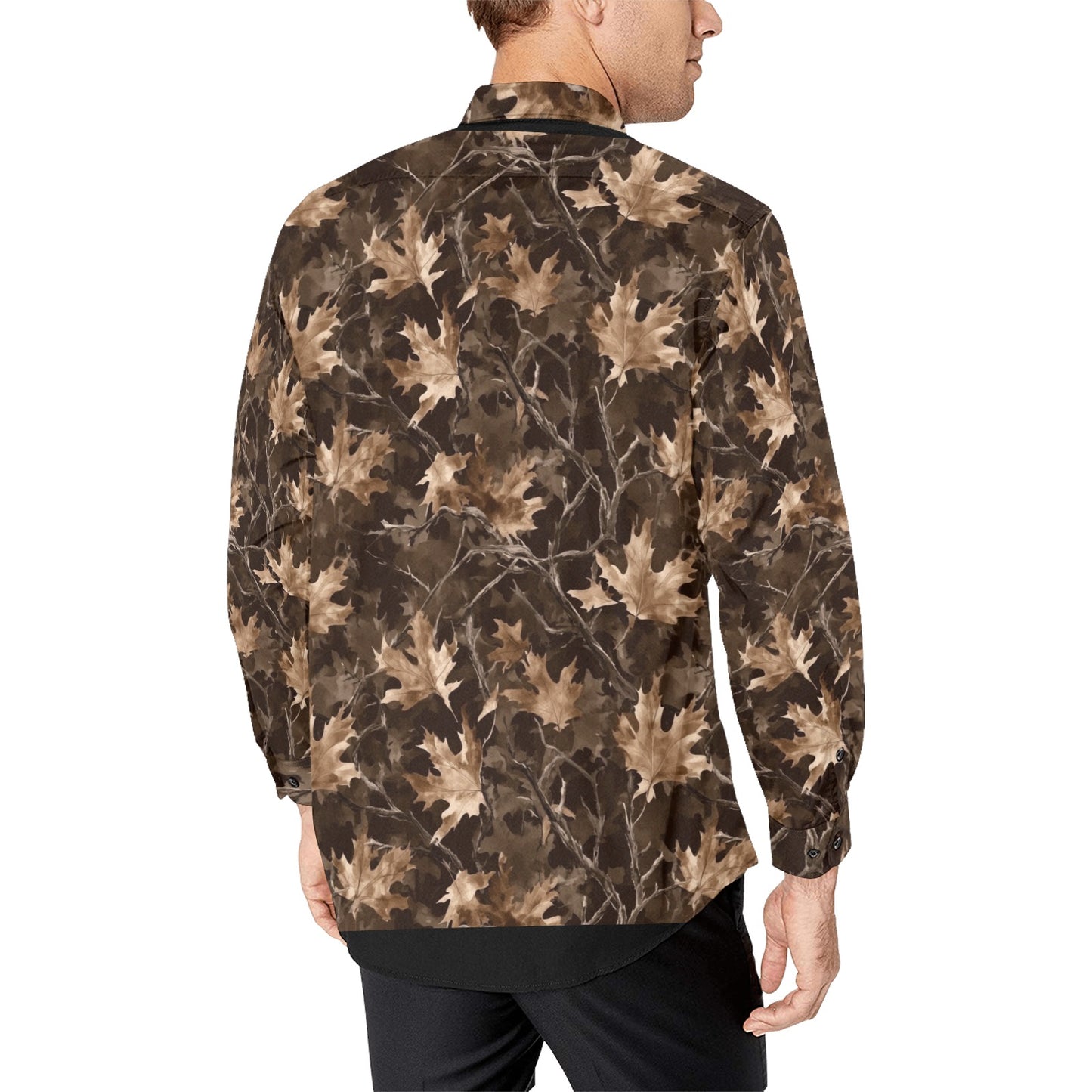 Camo Fall Leaf Men Button Up Shirt, Brown Camouflage Autumn Long Sleeve Print Buttoned Down Collar Male Guys Casual Dress Pocket Collared