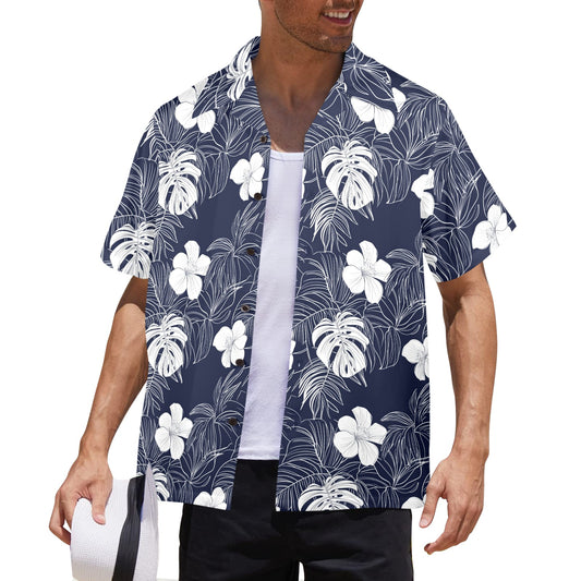 Navy Blue Men Hawaiian shirt, Tropical Leaf Hibiscus White Floral Designer V Neck Aloha Hawaii Retro Beach Plus Size Guys Male Button Down