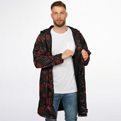 Red Roses Hooded Fleece Jacket, Black Zipper Coat Cloak Men Women Ladies Long Winter Warm Mink Hooded Parka Festival Wearable Cape Pockets