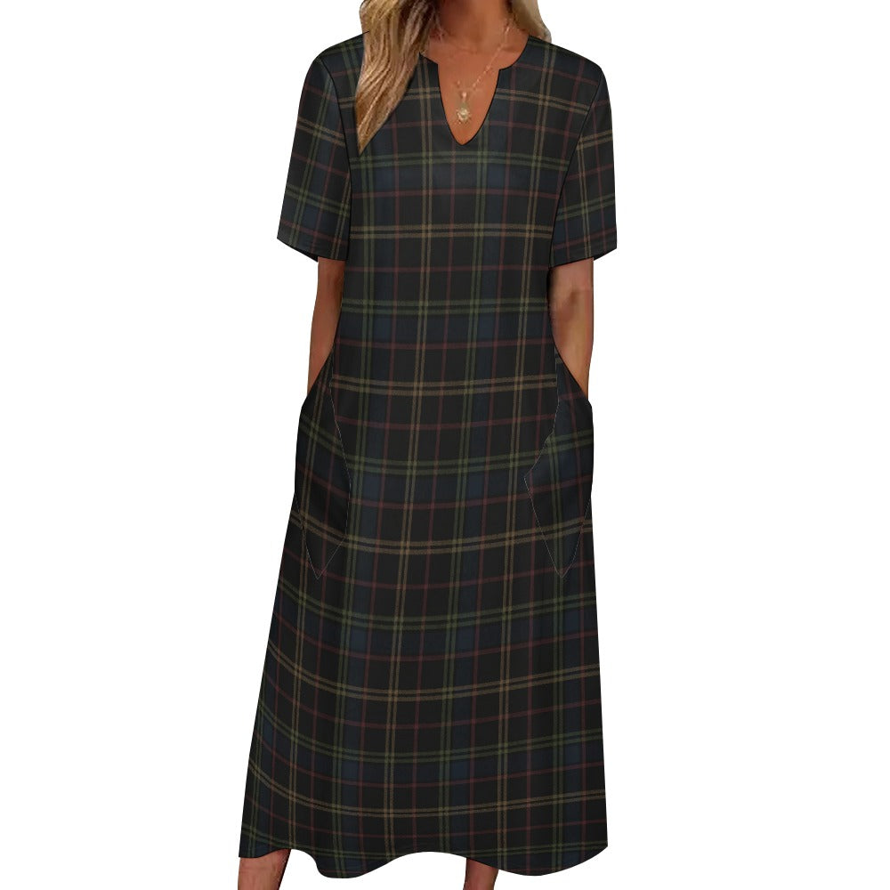 Plaid Women Maxi Dress, Dark Blue Green Yellow V-Neck Print Short Sleeve Evening Cocktail Ladies Handmade Designer Plus Size Outfit Pockets