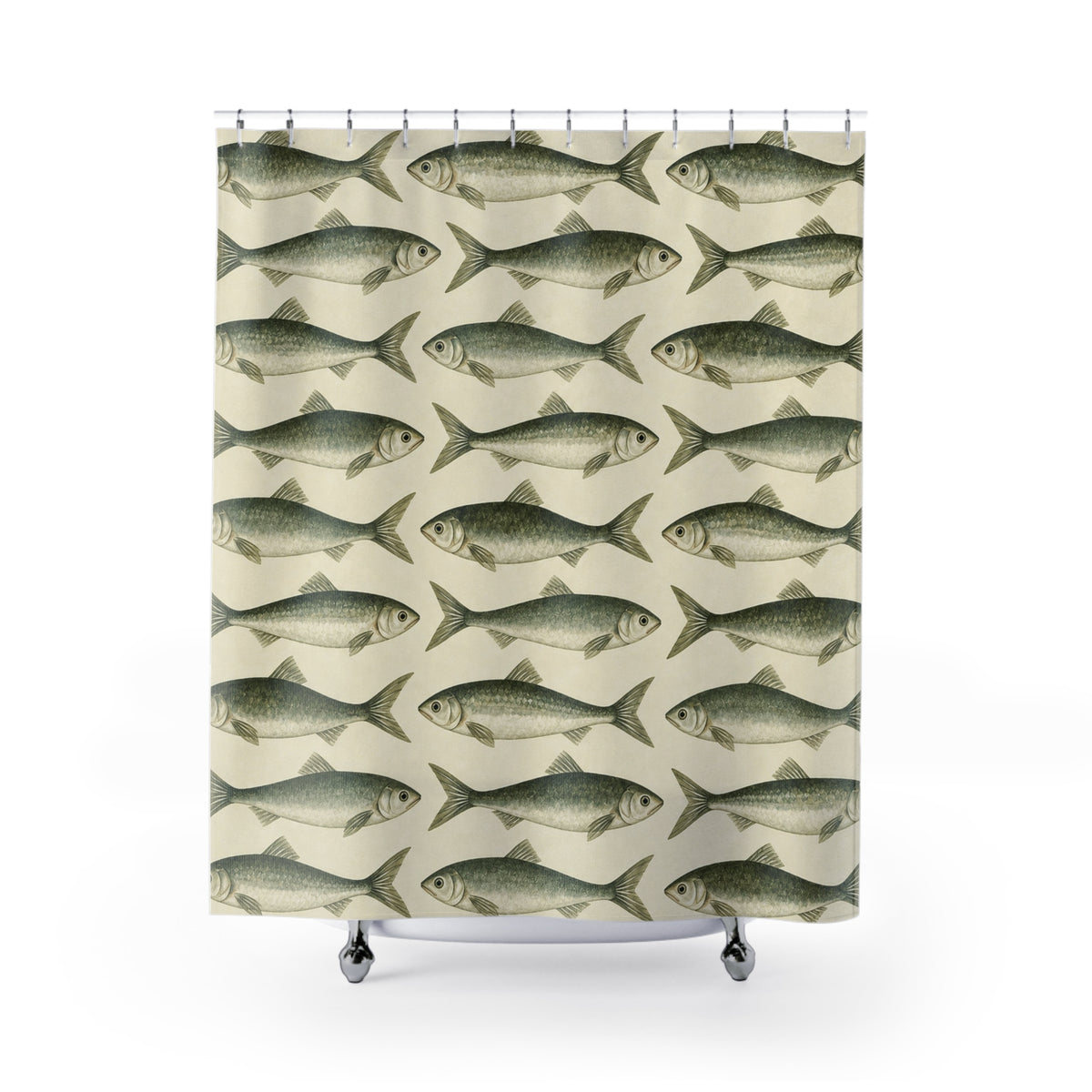 Coastal Scandinavian Fish Shower Curtain, Sage Green Sardine Nautical Ocean Bathroom Decor Waterproof Fabric Housewarming Gift 71" x 74"