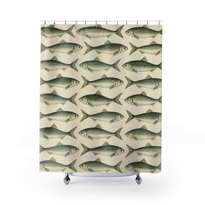 Coastal Scandinavian Fish Shower Curtain, Sage Green Sardine Nautical Ocean Bathroom Decor Waterproof Fabric Housewarming Gift 71" x 74"