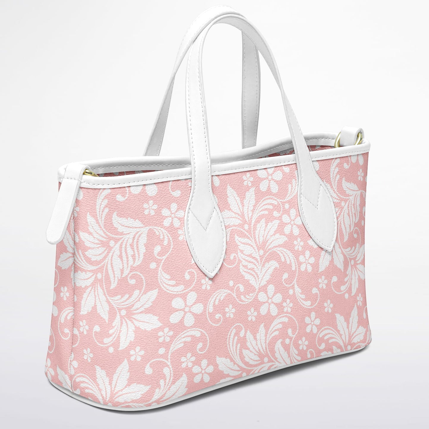 Pink Floral Tote Bag Purse, Flowers White Vegan Leather Print Handbag Women Zip Top Small Designer Handmade Shoulder Crossbody