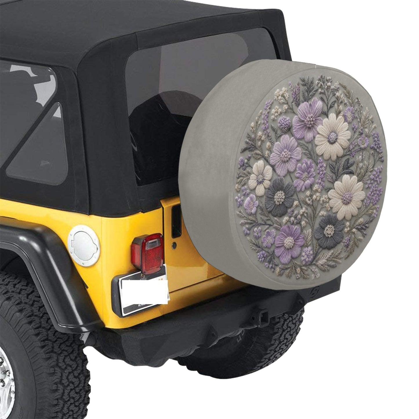 Wild Flowers Spare Tire Cover, Faux Embroidery Purple Lunar Grey Printed Grassy Botanicals Floral Wheel Backup Camera Hole Trailer Back RV - Starcove Fashion
