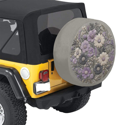 Wild Flowers Spare Tire Cover, Faux Embroidery Purple Lunar Grey Printed Grassy Botanicals Floral Wheel Backup Camera Hole Trailer Back RV - Starcove Fashion