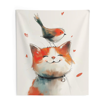 Nursery Tapestry, Cat with Bird on Head Kids Wall Art Hanging Cool Unique Vertical Aesthetic Large Small Bedroom College Dorm Room