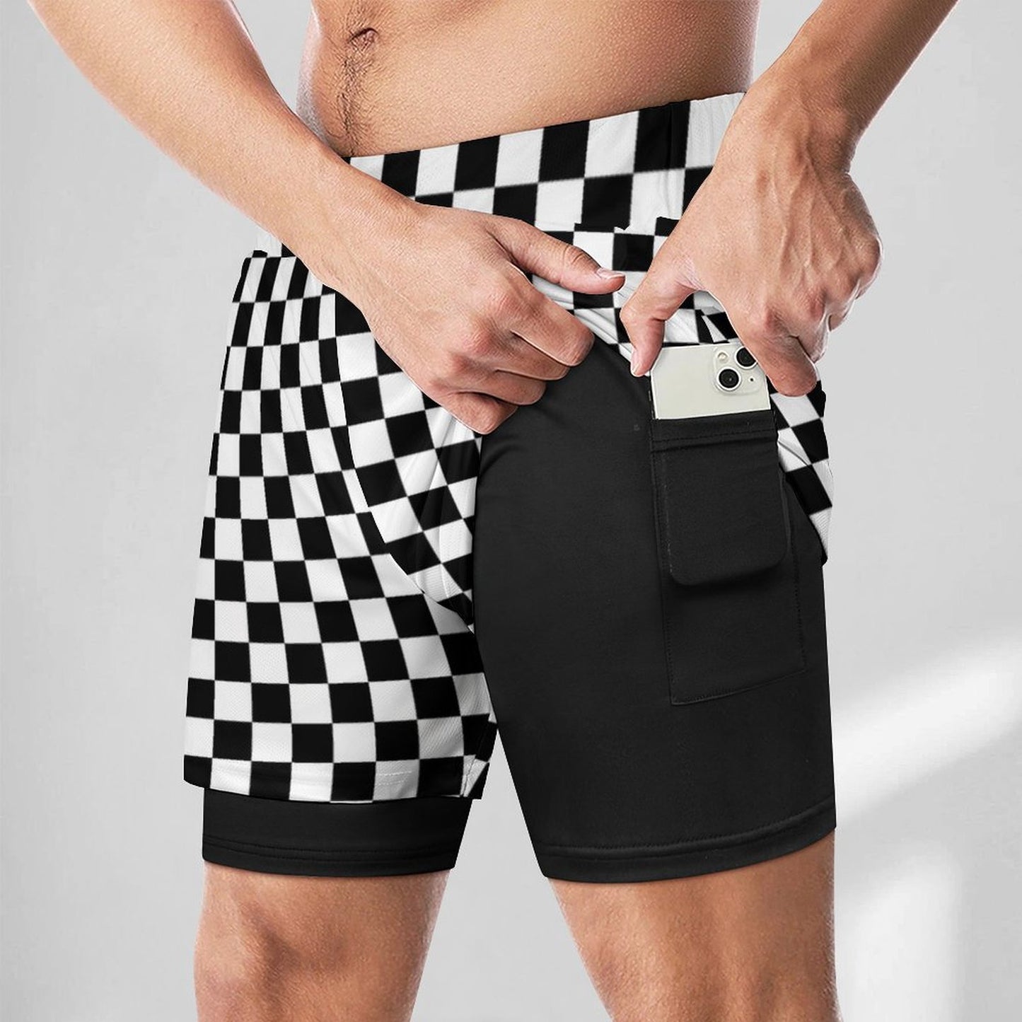 Checkered Men 2 in 1 Lined Shorts, Black White Check Compression Liner Running Gym Workout Graphic Athletic Sports Mesh Pockets Drawstring - Starcove Fashion