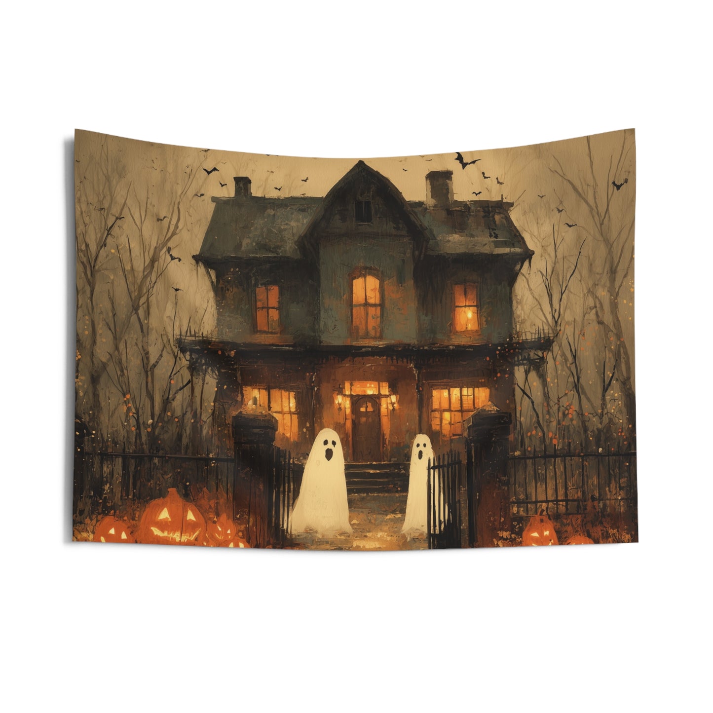 Halloween Tapestry, Haunted House Ghosts Pumpkins Spooky Bats Wall Art Hanging Horizontal Large Small Decor Bedroom College Dorm Room
