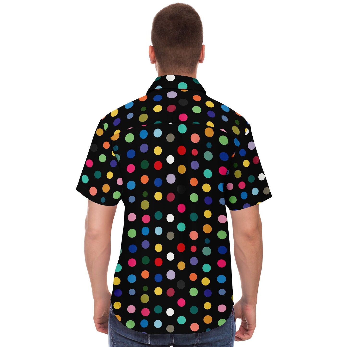 Vibrant Polk Dots Men Button Up Shirt, Colorful Festival Short Sleeve Print Casual Buttoned Down Summer Male Guys Collared Designer Dress