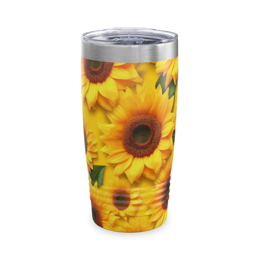 3D Sunflower Tumbler Stainless Steel 20oz, Floral Ringneck Travel Mug Lid Eco Friendly Cup Flask Vacuum Coffee Office Men Women